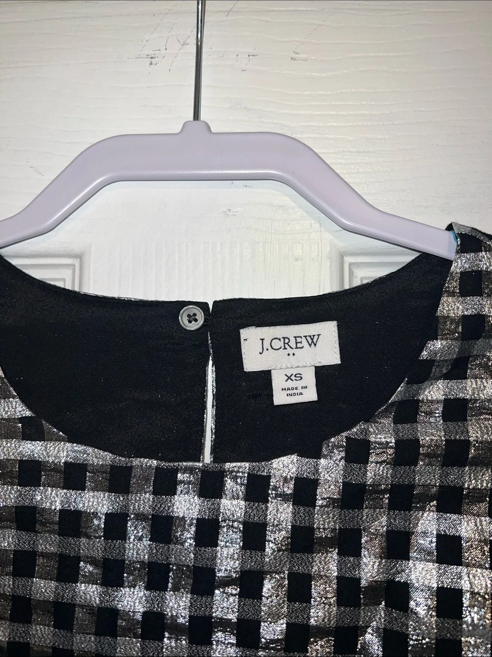 J. Crew Black & Silver Gingham Metallic Puff-Sleeve Top